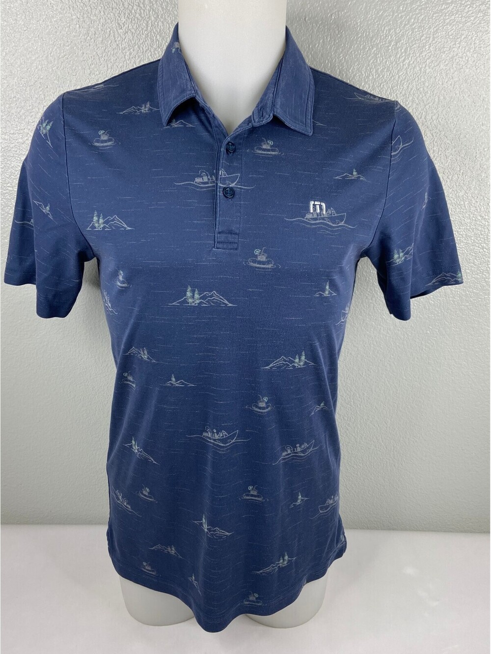 Travis Mathew Men Medium Blue Nautical Polo Shirt Boat Island Print Casual